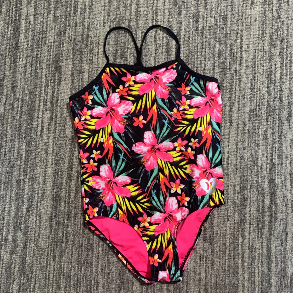 Hurley Girls One Piece Swimsuit Floral Tropical‎ Black Pink Size 5/6